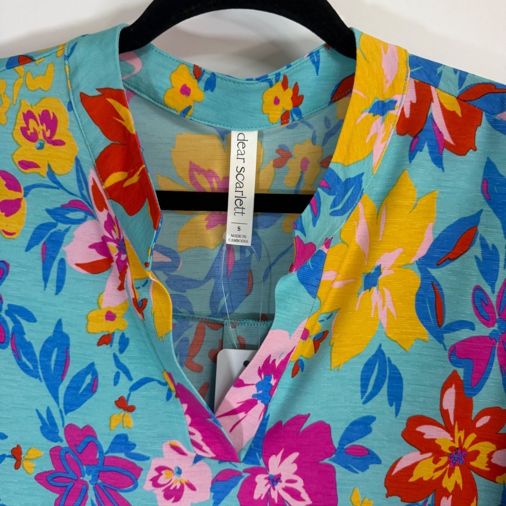 Dear Scarlett Liz Floral Tunic Top Bright Spring Boho 3/4 Roll Tab Sleeve Small - Picture 2 of 11